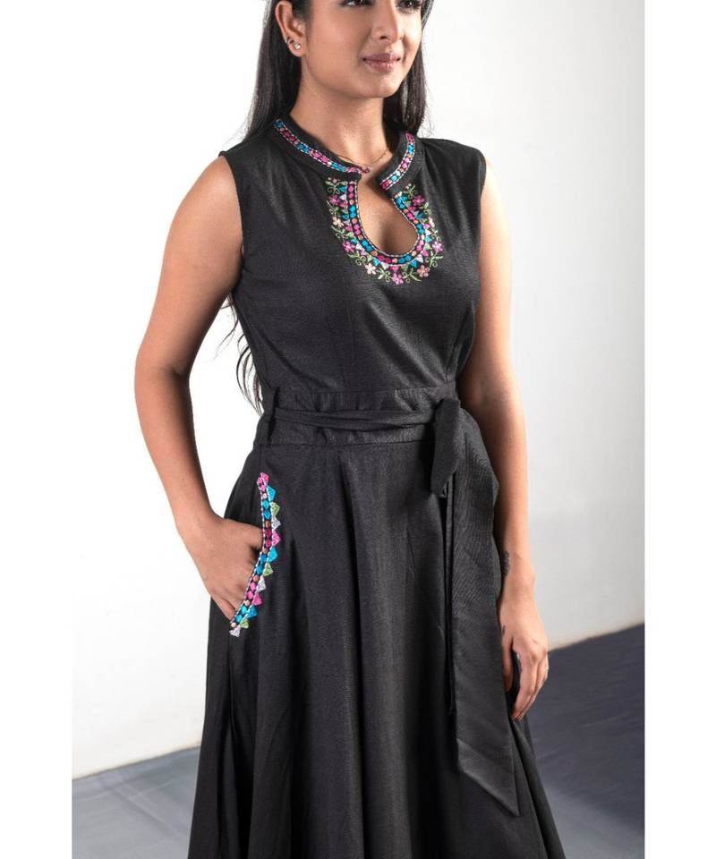 Black Rayon Embroidered stitched   Dresses