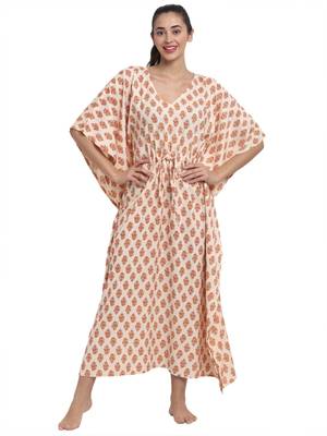 Cream printed viscose rayon long-dresses 1