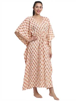Cream printed viscose rayon long-dresses 2