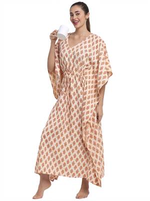Cream printed viscose rayon long-dresses 3