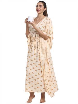 Beige printed viscose rayon long-dresses 3