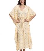 Cream printed viscose rayon long-dresses