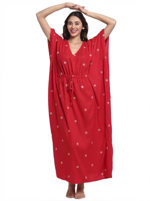 Red embroidered viscose rayon long-dresses 1