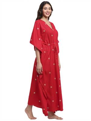 Red embroidered viscose rayon long-dresses 2
