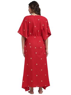 Red embroidered viscose rayon long-dresses 4