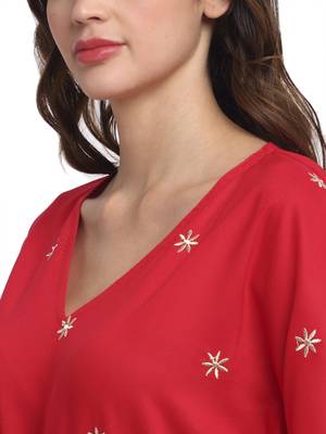 Red embroidered viscose rayon long-dresses 5
