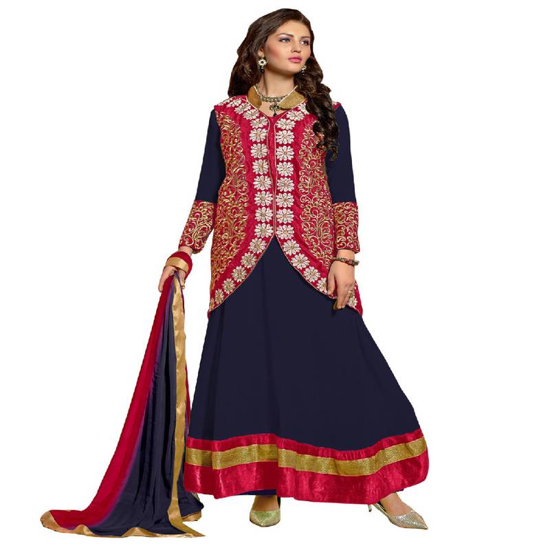 JHEENU Women's Blue Georgette Embroidered Unstitched Dress Material 