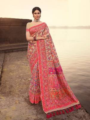 Beige woven banarasi silk saree with blouse 1