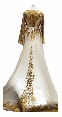 Grand White Moroccan Wedding Kaftan Gown with Heavy Gold Zari Work | Luxury Bridal Dress 2