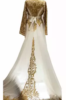 Grand White Moroccan Wedding Kaftan Gown with Heavy Gold Zari Work | Luxury Bridal Dress