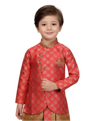 Pink woven cotton silk boys-dhoti-kurta 1