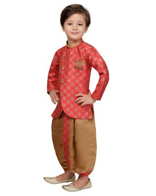 Pink woven cotton silk boys-dhoti-kurta 4