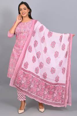 Varyaa Women's Pink and White Coloured Pure Cambric Cotton Floral Printed Kurti - Pant & Duppatta 3PCS Set   1