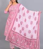 Varyaa Women's Pink and White Coloured Pure Cambric Cotton Floral Printed Kurti - Pant & Duppatta 3PCS Set  