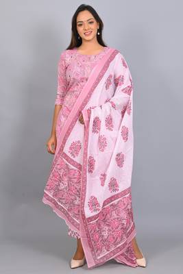 Varyaa Women's Pink and White Coloured Pure Cambric Cotton Floral Printed Kurti - Pant & Duppatta 3PCS Set   2