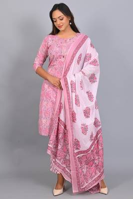 Varyaa Women's Pink and White Coloured Pure Cambric Cotton Floral Printed Kurti - Pant & Duppatta 3PCS Set   3