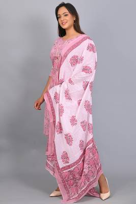 Varyaa Women's Pink and White Coloured Pure Cambric Cotton Floral Printed Kurti - Pant & Duppatta 3PCS Set   4
