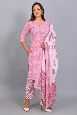 Varyaa Women's Pink and White Coloured Pure Cambric Cotton Floral Printed Kurti - Pant & Duppatta 3PCS Set   5