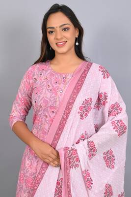 Varyaa Women's Pink and White Coloured Pure Cambric Cotton Floral Printed Kurti - Pant & Duppatta 3PCS Set   6