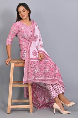 Varyaa Women's Pink and White Coloured Pure Cambric Cotton Floral Printed Kurti - Pant & Duppatta 3PCS Set   7