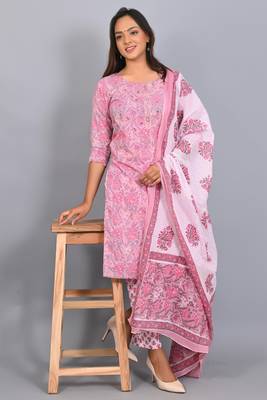 Varyaa Women's Pink and White Coloured Pure Cambric Cotton Floral Printed Kurti - Pant & Duppatta 3PCS Set   8