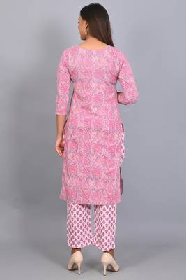 Varyaa Women's Pink and White Coloured Pure Cambric Cotton Floral Printed Kurti - Pant & Duppatta 3PCS Set   9
