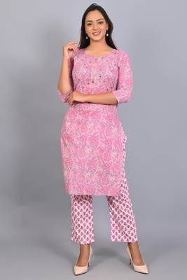 Varyaa Women's Pink and White Coloured Pure Cambric Cotton Floral Printed Kurti - Pant & Duppatta 3PCS Set   10