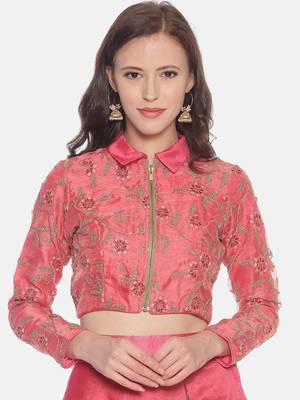 Pink embroidered polyester crop-tops 1