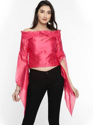 Pink plain polyester crop-tops 1