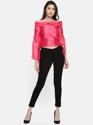 Pink plain polyester crop-tops 2