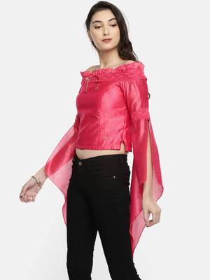 Pink plain polyester crop-tops 4