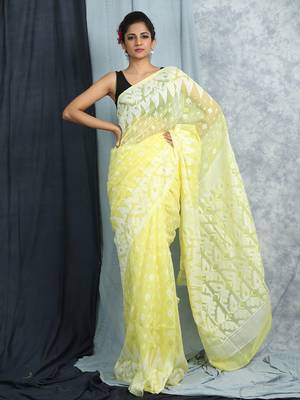 Lemon Yellow All Over Weaved Jamdani saree 1