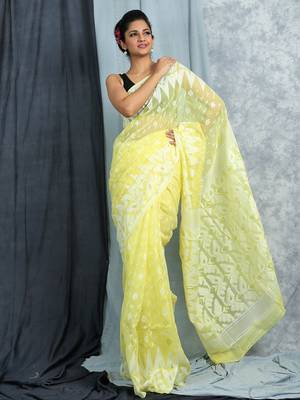Lemon Yellow All Over Weaved Jamdani saree 2