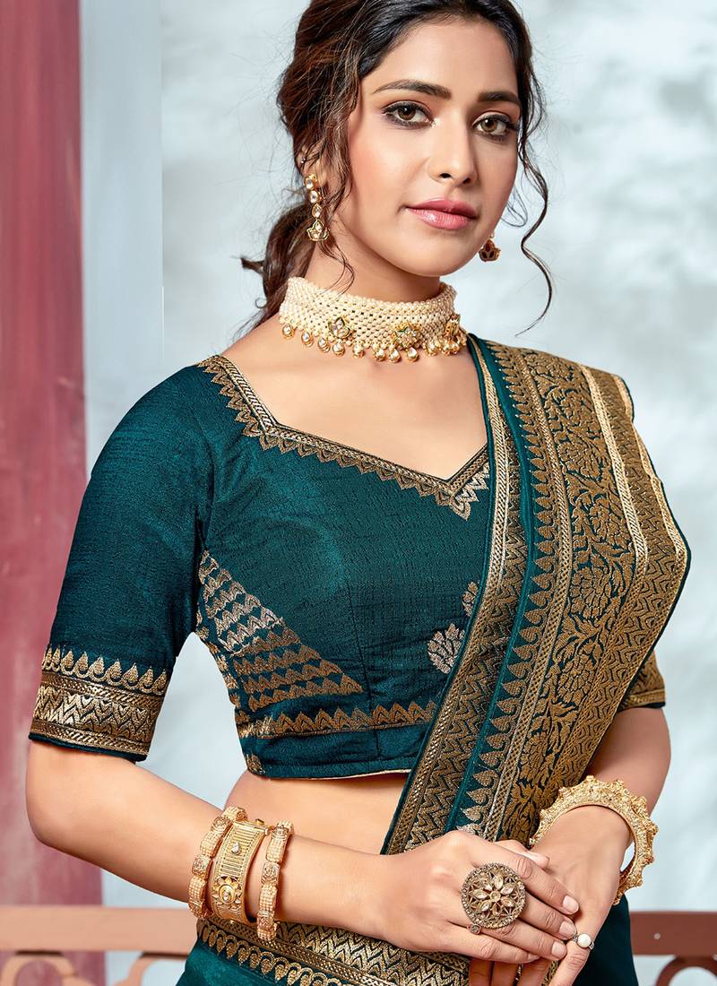 Teal Heavy Jari Lace Broder Embroidery Blouse Work Vichitra Silk Silk