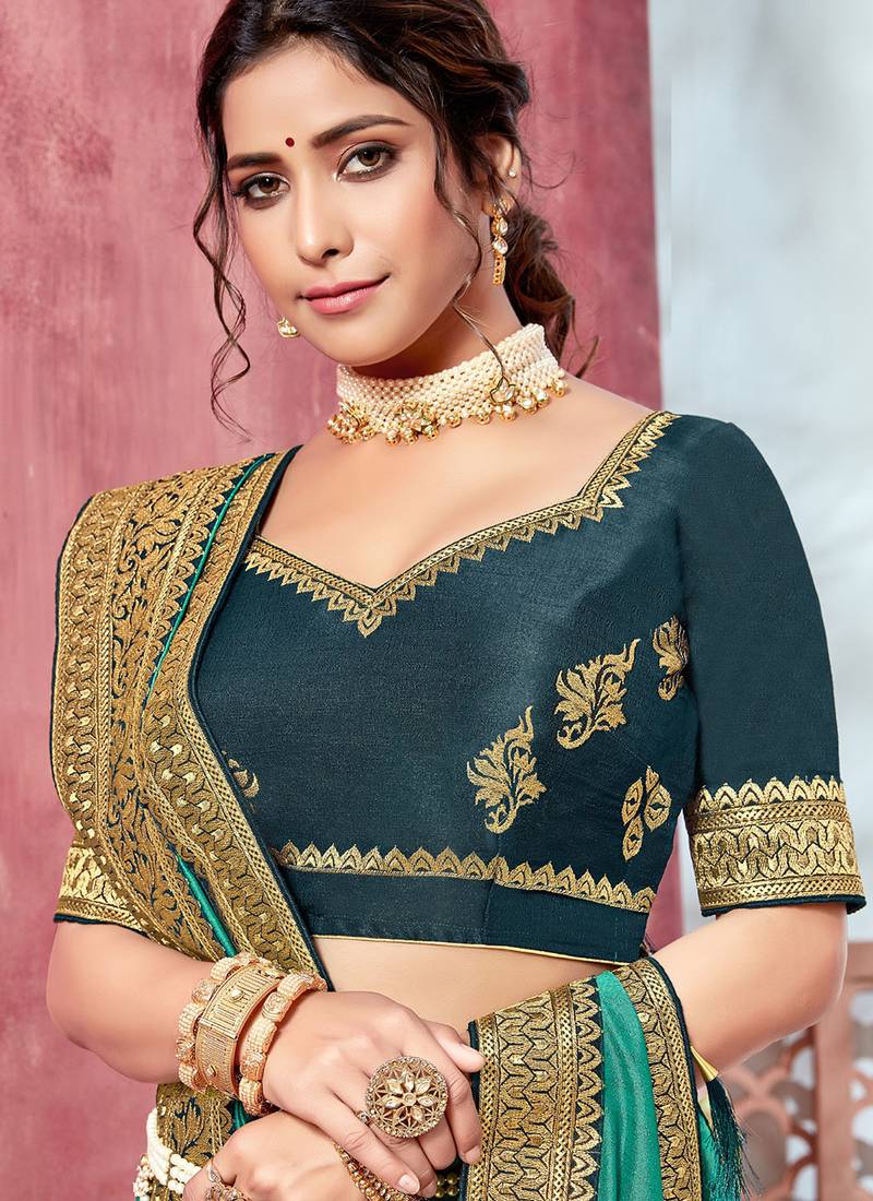 Turquiose Heavy Jari Lace Broder Embroidery Blouse Work Vichitra Silk