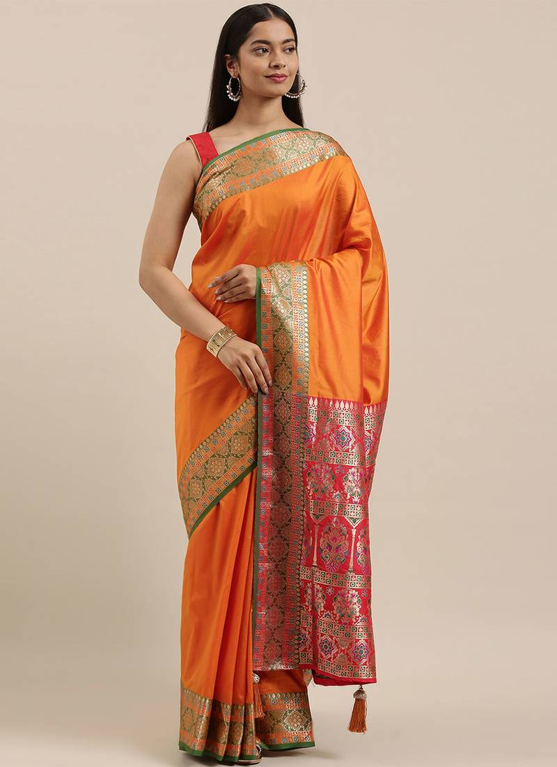 Women's Silk Blend Orange Woven Design Designer Saree With Blouse Piece