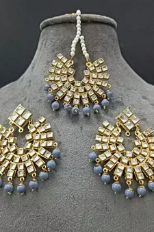 Grey Copper Light Weight Gold Plated Earring Mang Tika Set