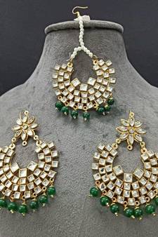 Green Copper Light Weight Gold Plated Earring Mang Tika Set