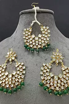 Green Copper Light Weight Gold Plated Earring Mang Tika Set
