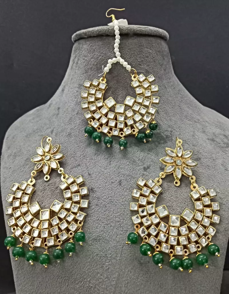 Green Copper Light Weight Gold Plated Earring Mang Tika Set