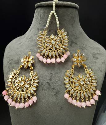 Pink Copper Light Weight Gold Plated Earring Mang Tika Set 1