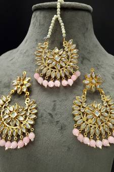 Pink Copper Light Weight Gold Plated Earring Mang Tika Set