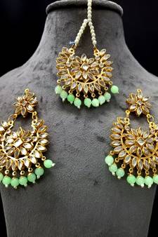 Green Copper Light Weight Gold Plated Earring Mang Tika Set