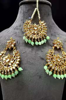 Green Copper Light Weight Gold Plated Earring Mang Tika Set