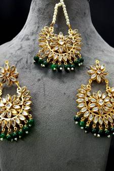 Green Copper Light Weight Gold Plated Earring Mang Tika Set