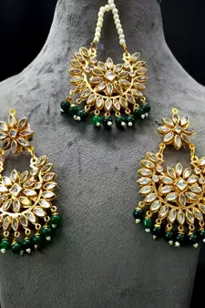 Green Copper Light Weight Gold Plated Earring Mang Tika Set