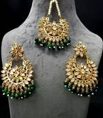 Green Copper Light Weight Gold Plated Earring Mang Tika Set