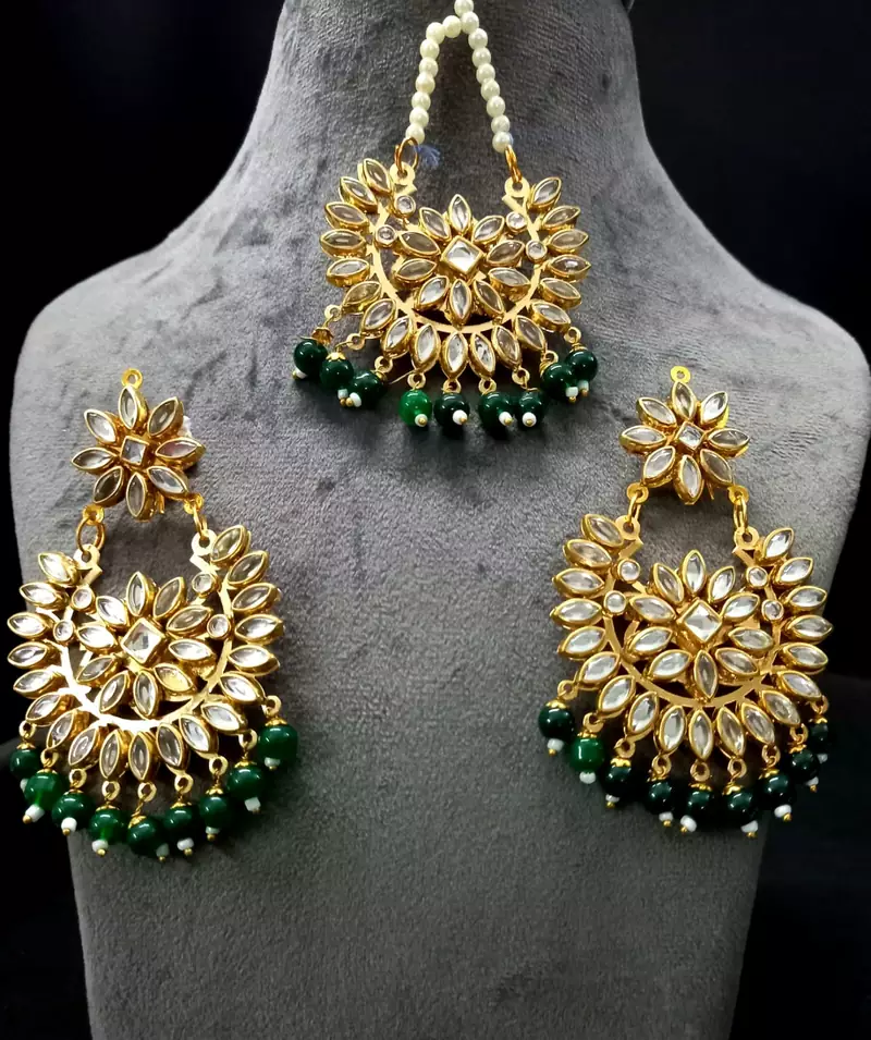 Green Copper Light Weight Gold Plated Earring Mang Tika Set