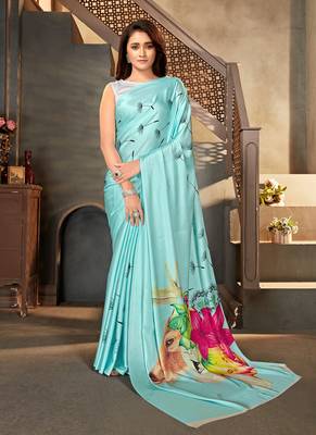 Bluedesigner Digital Printedsatin Sareeswithsatin Crepeblouse 1