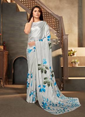 Whitedesigner Digital Printedsatin Sareeswithsatin Crepeblouse 1